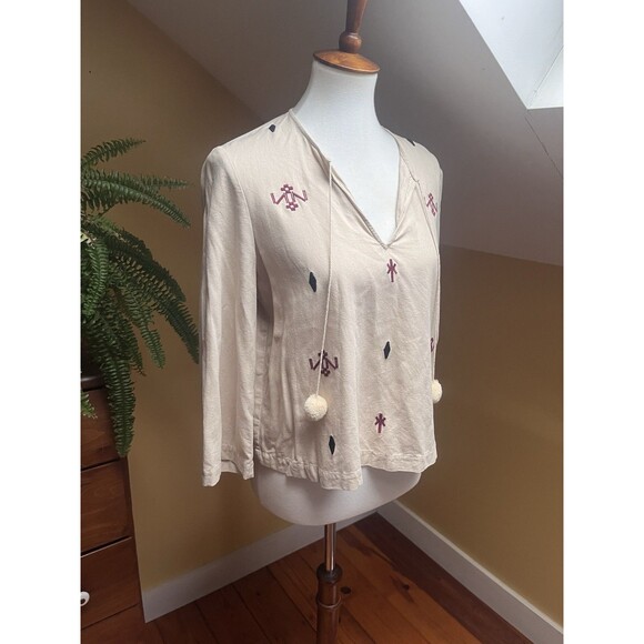 Madewell Women Shirt Small Silk Red Embroidered Aztec Print Tassel Poms Top - Picture 7 of 16